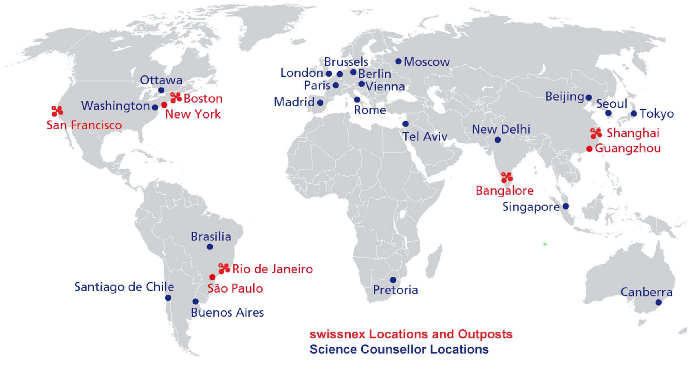 Swissnex: la mappa delle varie sedi e dei collaboratori scientificiper la rete Swissnex nel mondo nel mondo