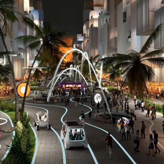 BiodiverCity: un’illustrazione delle strade e degli edifici della città innovativa e sostenibile, attesa nel 2030 in Malesia vicino Penang sulle isole di The Channels, The Mangroves e The Lagoon