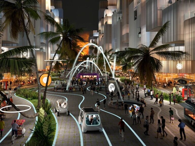 BiodiverCity：預計 2030 年位於馬來西亞檳城附近海峽群島、紅樹林和潟湖上的創新和可持續城市的街道和建築物的插圖