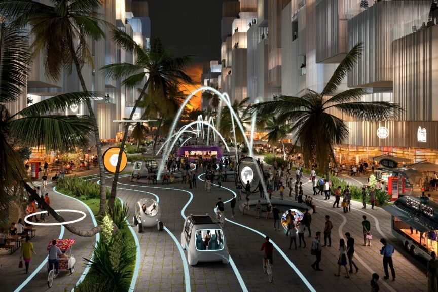 BiodiverCity: una il·lustració dels carrers i edificis de la ciutat innovadora i sostenible prevista el 2030 a Malàisia prop de Penang a les illes de The Channels, The Mangroves i The Lagoon
