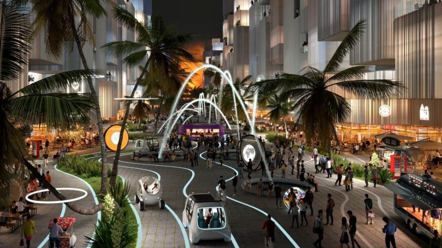 बायोडाइवरसिटी: द चैनल्स, द मैंग्रोव्स और द लैगून के द्वीपों पर पेनांग के पास मलेशिया में 2030 में अपेक्षित अभिनव और टिकाऊ शहर की सड़कों और इमारतों का एक चित्रण