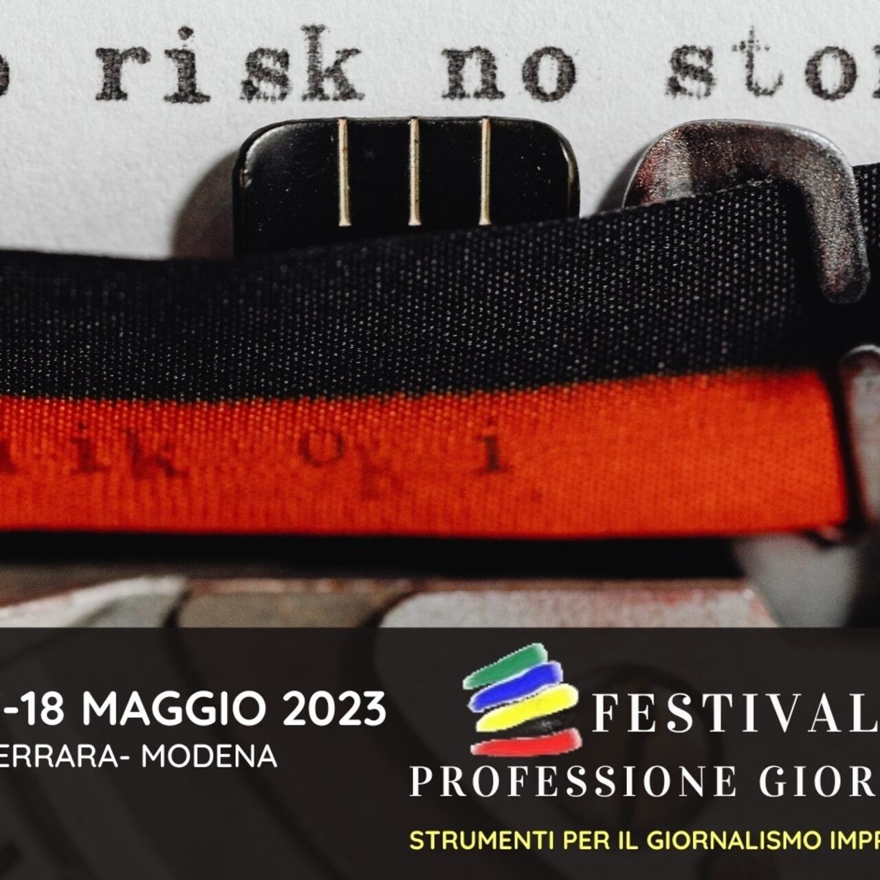 Zawód dziennikarza: key visual edycji 2023 festiwalu „Professione Giornalista” (Bolonia, Ferrara, Modena, 15-16-17-18 maja)