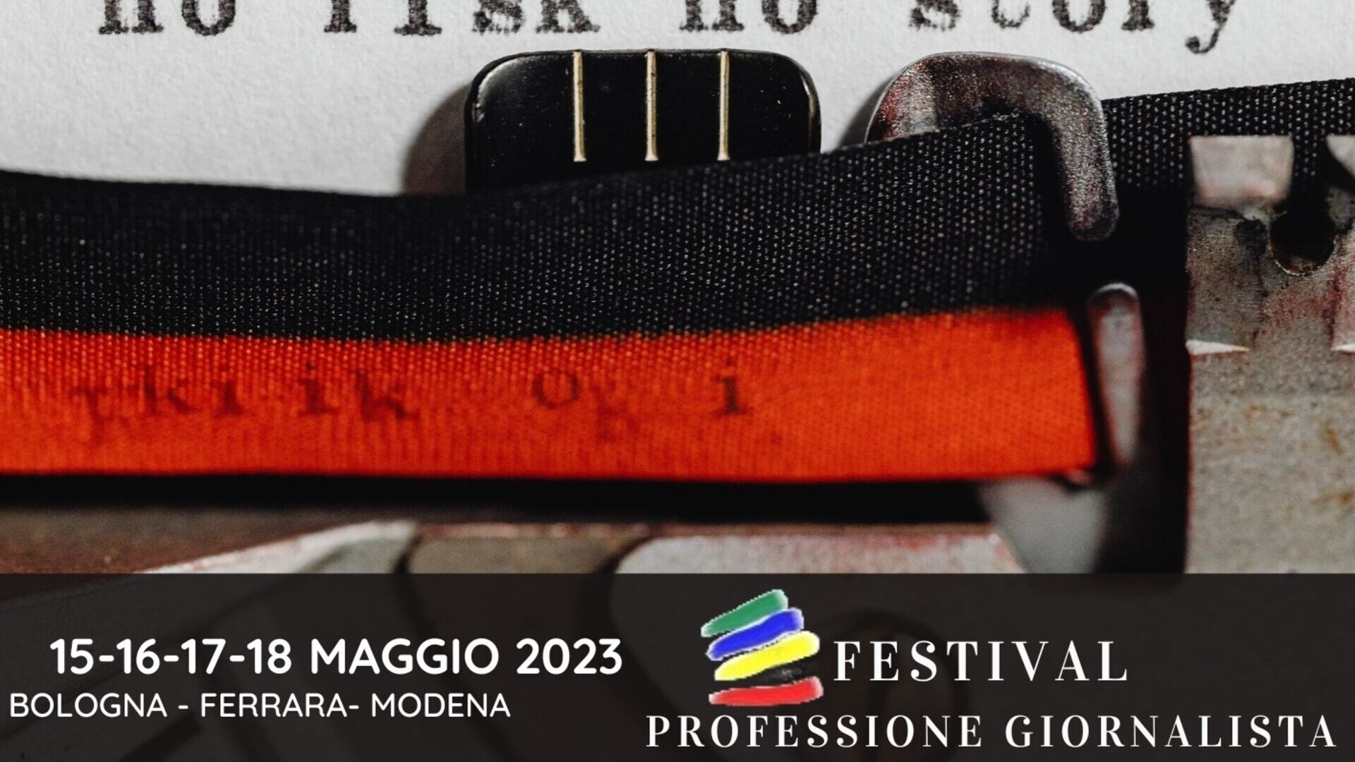 Toimittajan ammatti: "Professione Giornalista" -festivaalin 2023 painoksen avainvisuaali (Bologna, Ferrara, Modena, 15.-16.-17.-18.)