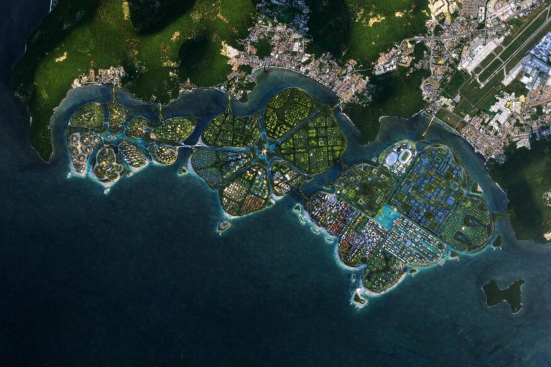 BiodiverCity: 2030년 페낭 인근 말레이시아에서 혁신적이고 지속 가능한 도시인 BiodiverCity를 형성할 The Channels, The Mangroves 및 The Lagoon의 XNUMX개 섬의 공중 렌더링