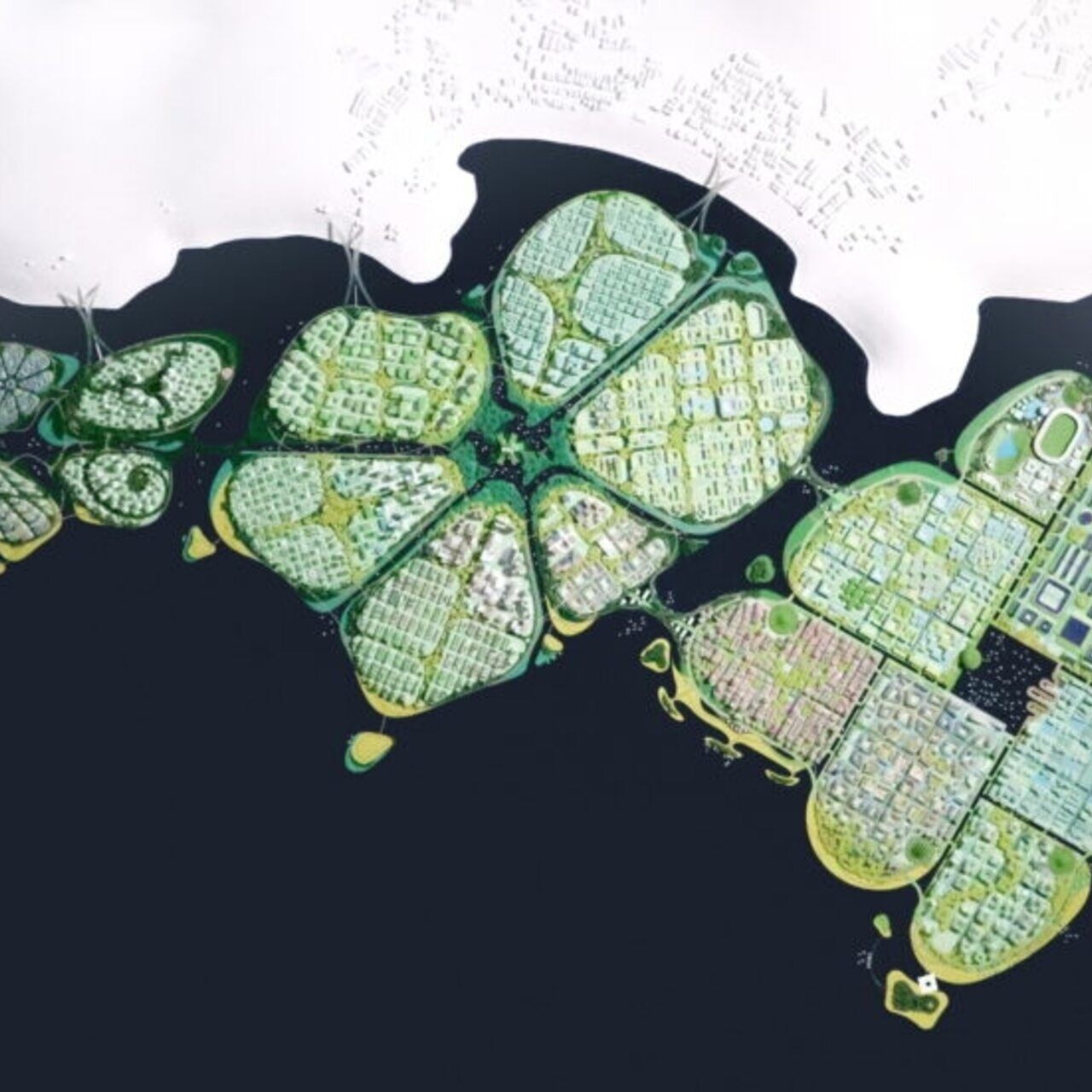 BiodiverCity: аэрофотосъемка трех островов: каналов, мангровых зарослей и лагуны, которые сформируют инновационный и устойчивый город BiodiverCity в 2030 году в Малайзии недалеко от Пенанга.