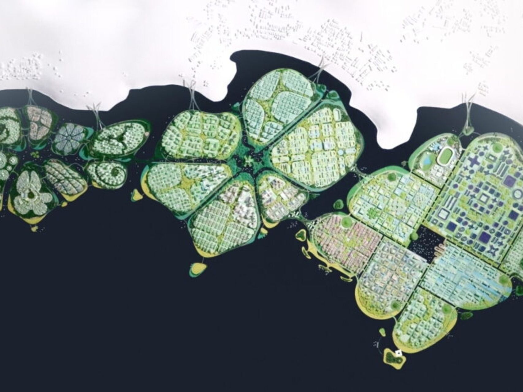 BiodiverCity : un rendu aérien des trois îles The Channels, The Mangroves et The Lagoon, qui formeront la ville innovante et durable de BiodiverCity en 2030 en Malaisie près de Penang