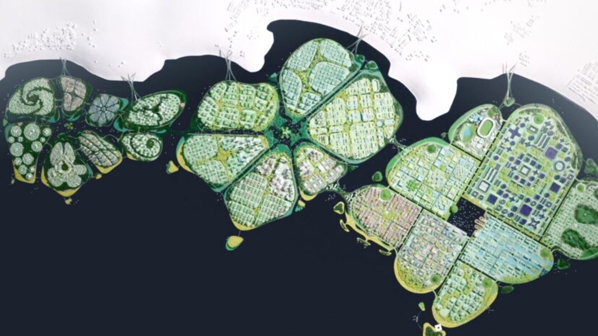 BiodiverCity: სამი კუნძულის, არხების, მანგროსა და ლაგუნის საჰაერო რენდერი, რომელიც შექმნის ინოვაციურ და მდგრად ქალაქ BiodiverCity-ს 2030 წელს მალაიზიაში პენანგთან ახლოს.
