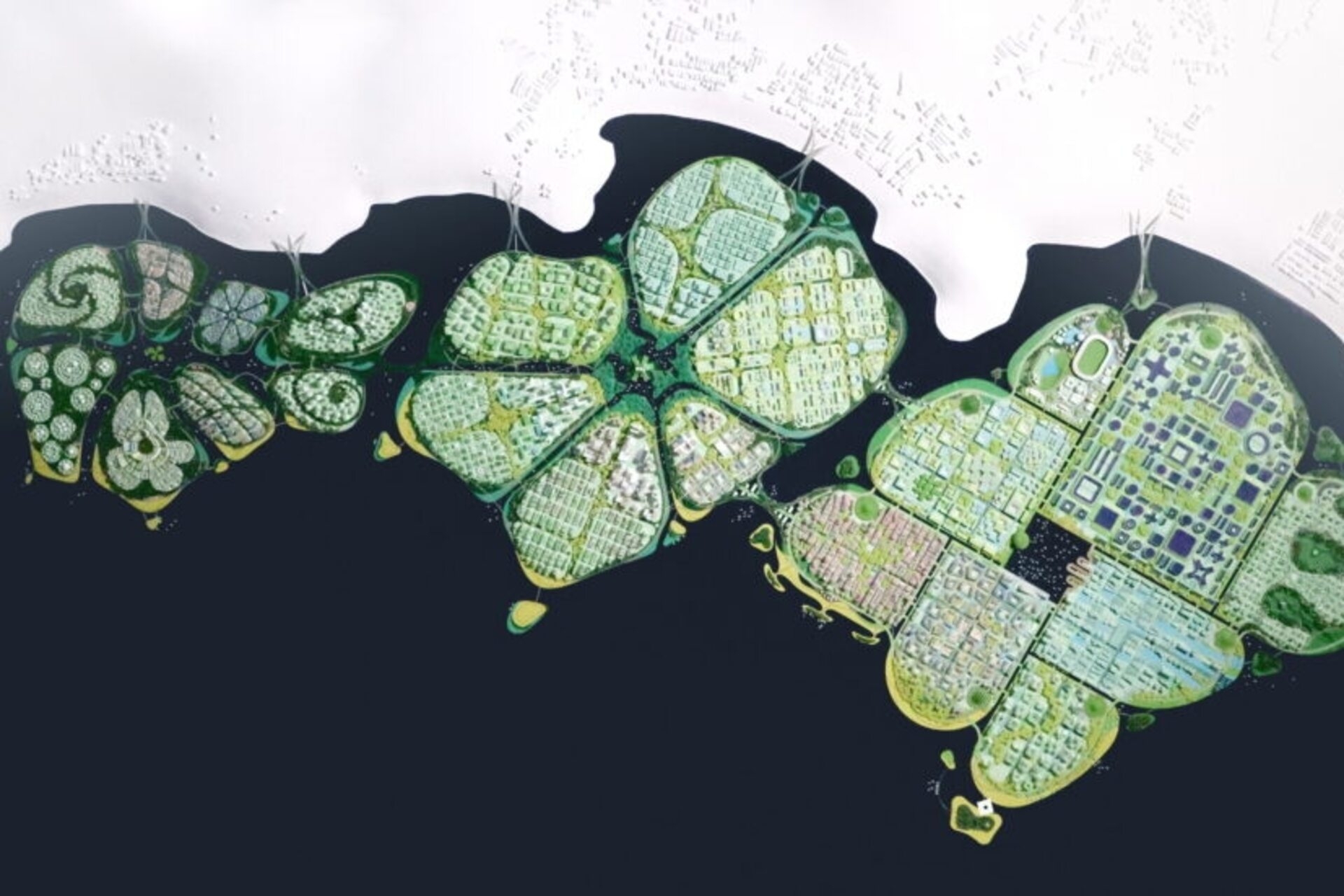 BiodiverCity: uma representação aérea das três ilhas The Channels, The Mangroves e The Lagoon, que formarão a cidade inovadora e sustentável de BiodiverCity em 2030 na Malásia, perto de Penang