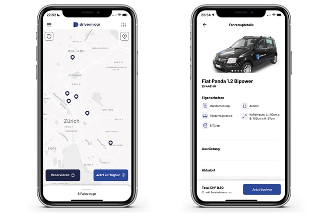 дривемицар: екран апликације за изнајмљивање возила
