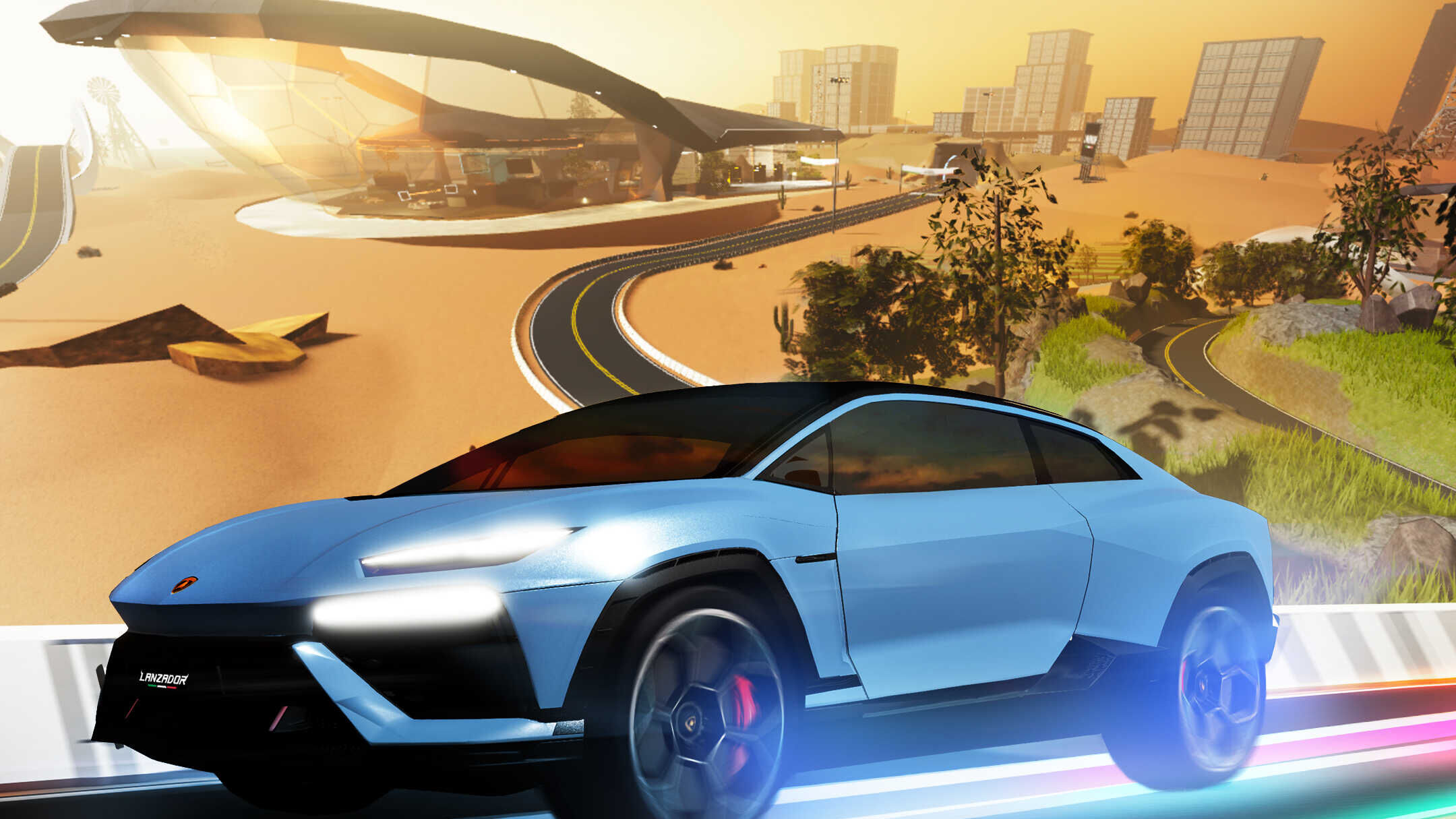 Lanzador: электрычны суперкар Automobili Lamborghini знаходзіцца на Roblox, 3D-платформе з апусканнем