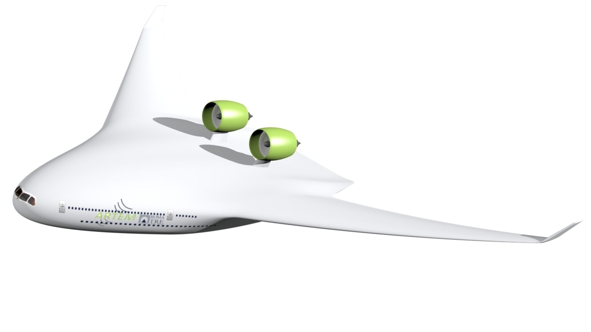 Rumore: le configurazioni di aeromobili del 2035 e 2050, in sigla BWB, immaginate dal progetto ARTEM dell’Unione Europea