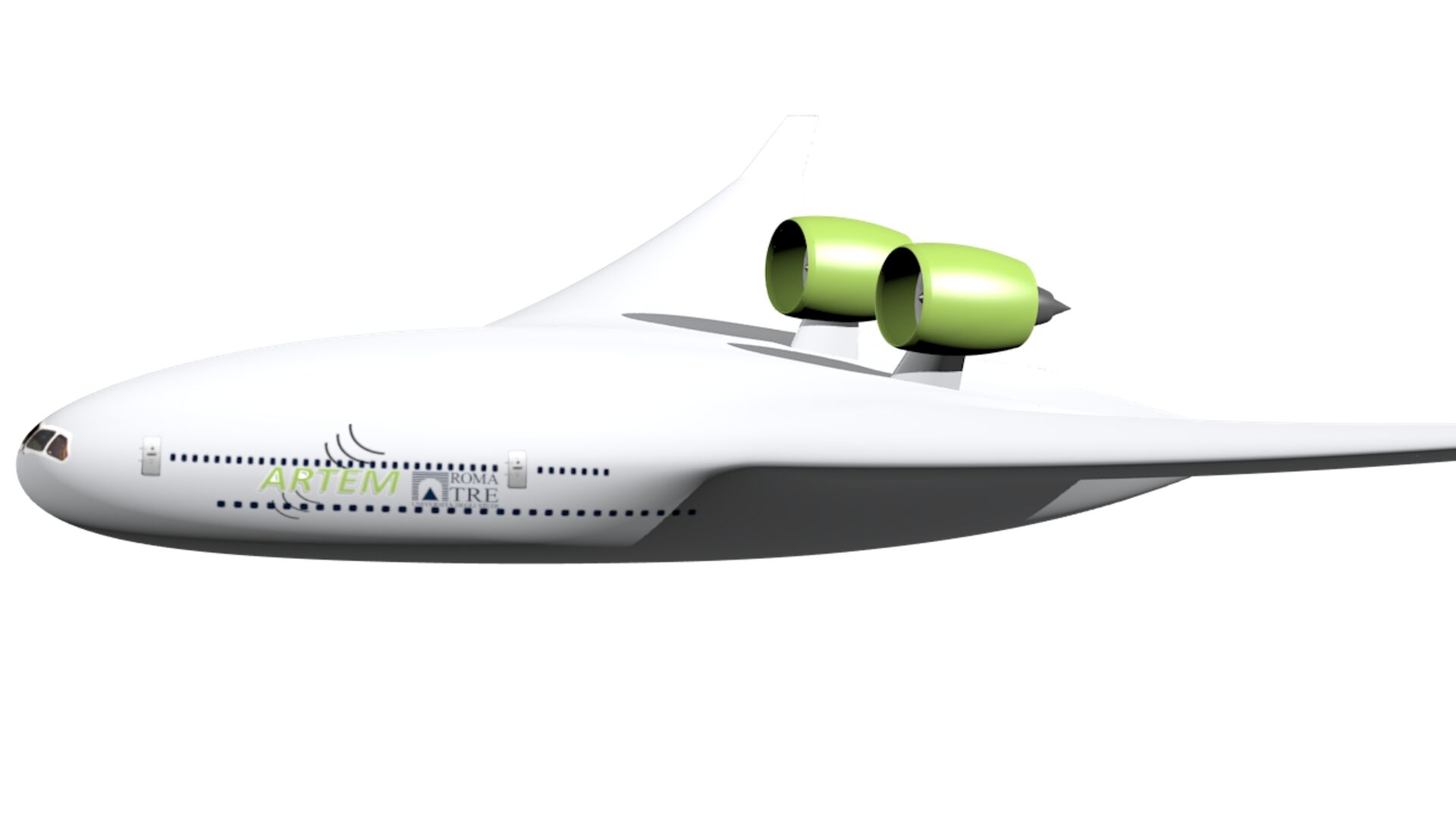 Müra: 2035 ja 2050 lennukikonfiguratsioonid, akronüüm BWB, kujutatud Euroopa Liidu projektist ARTEM