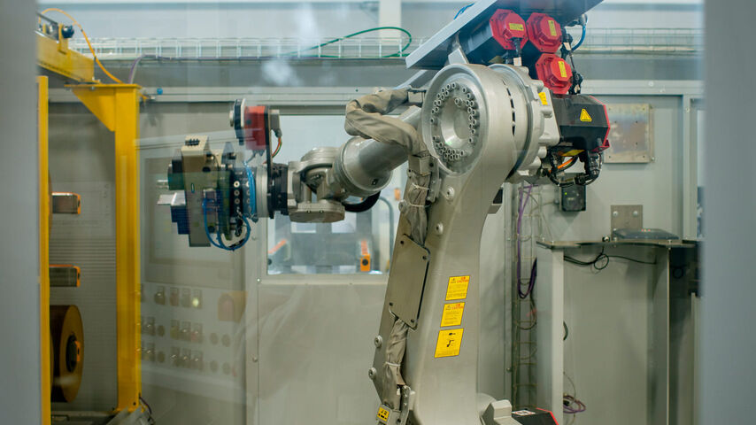 Philip Morris: an operating robot inside the Philip Morris Manufacturing and Technology Bologna in Crespellano in Emilia-Romagna