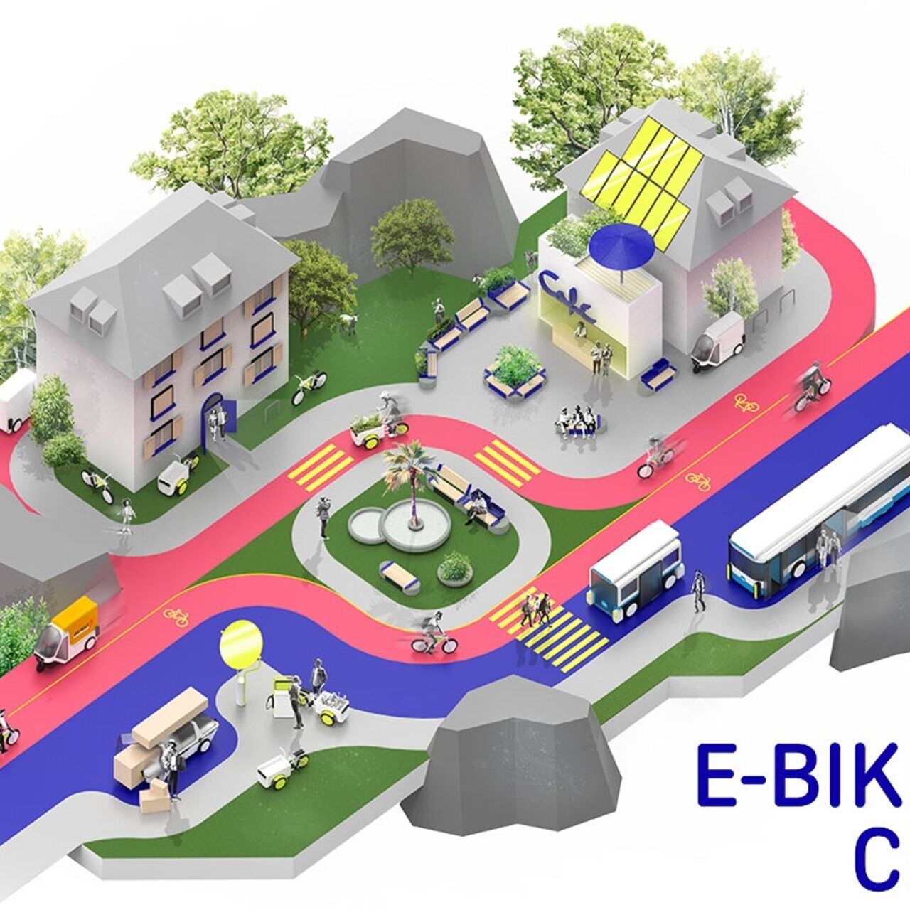 Elektriniai dviračiai: stilizuotas E-​Bike City pavyzdys su vienpusėmis gatvėmis automobiliams ir dviračio gatvėmis
