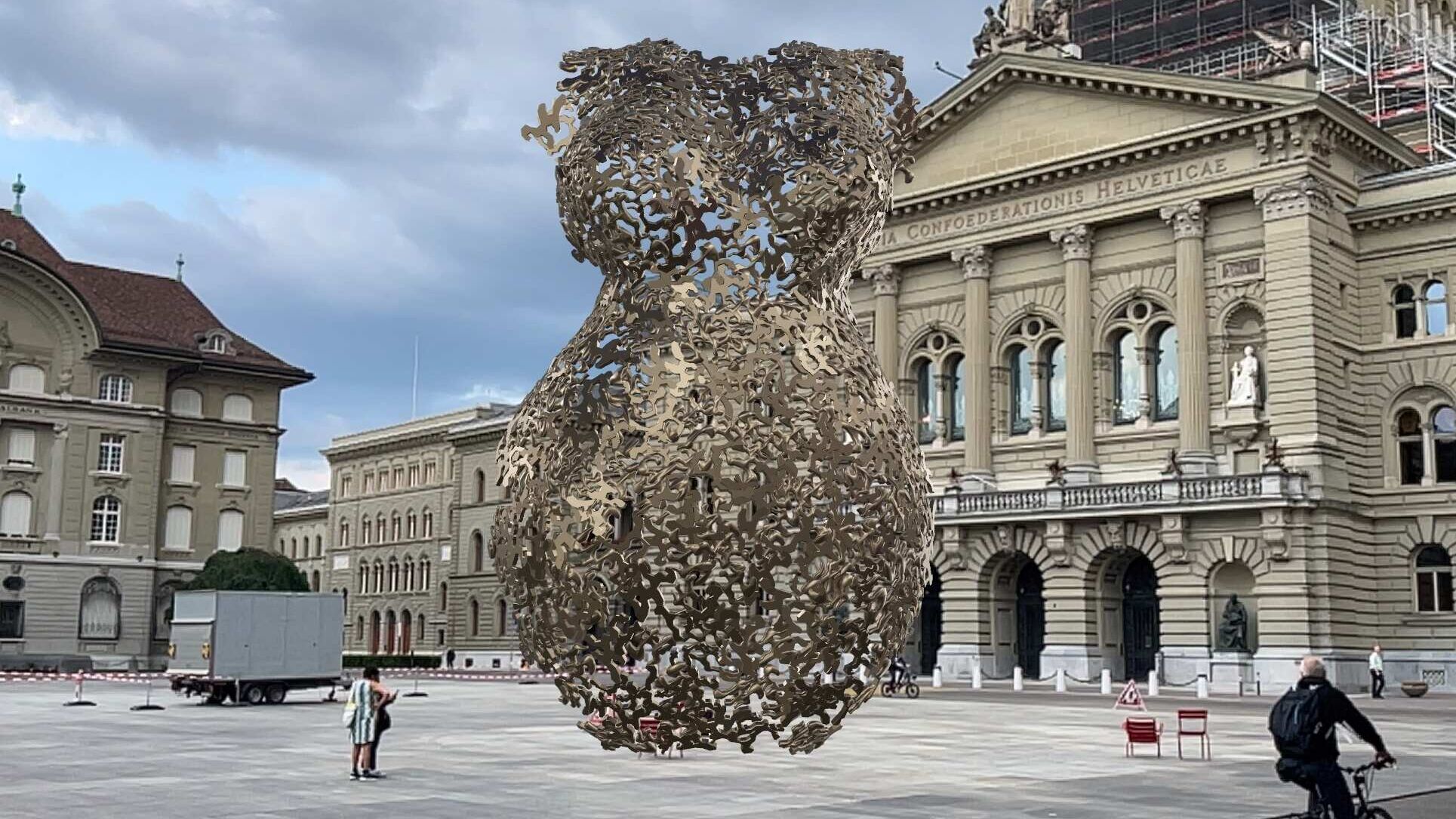 Realidade aumentada: escultura da artista Andrea Stahl em AR em frente ao Palácio Federal de Berna