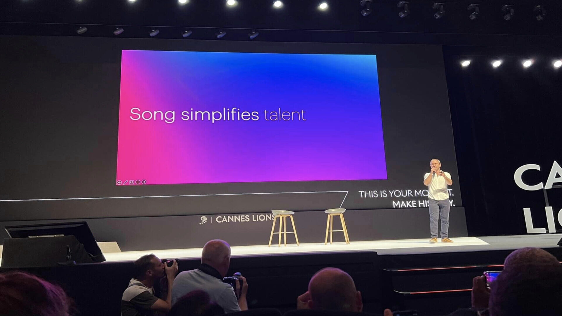 Accenture Song: David Droga, CEO of the company, on the “Lumière” stage inside the Palais des Festivals in Cannes