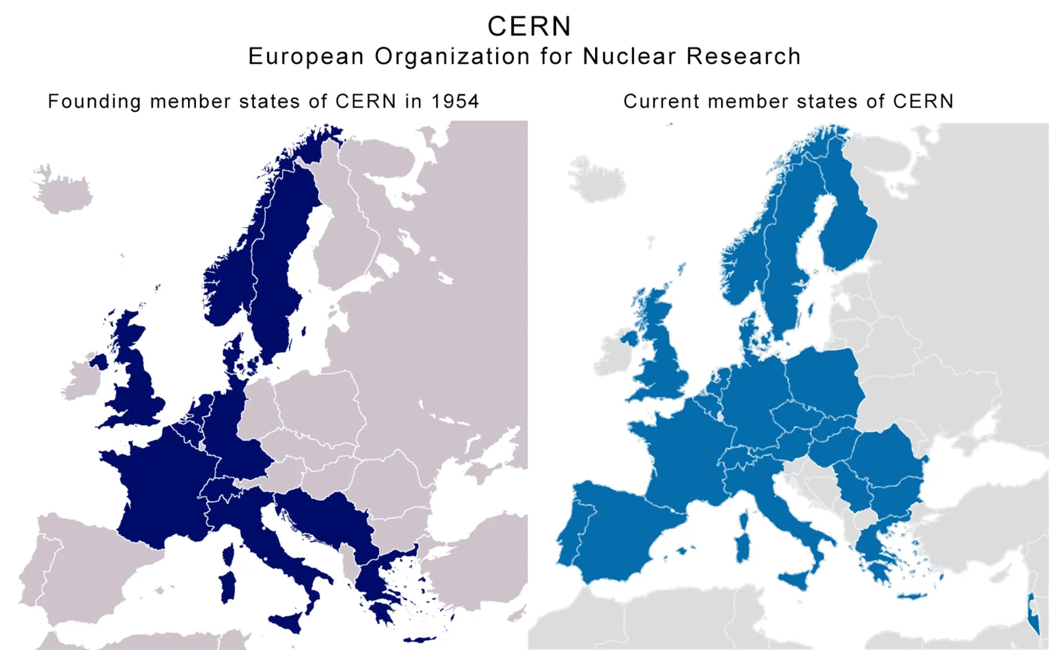 ປະເທດບຣາຊິນ: ສອງແຜນທີ່ທີ່ມີການປຽບທຽບລະຫວ່າງປະເທດທີ່ກໍ່ຕັ້ງ ແລະປະເທດສະມາຊິກຂອງ CERN ໃນປັດຈຸບັນ