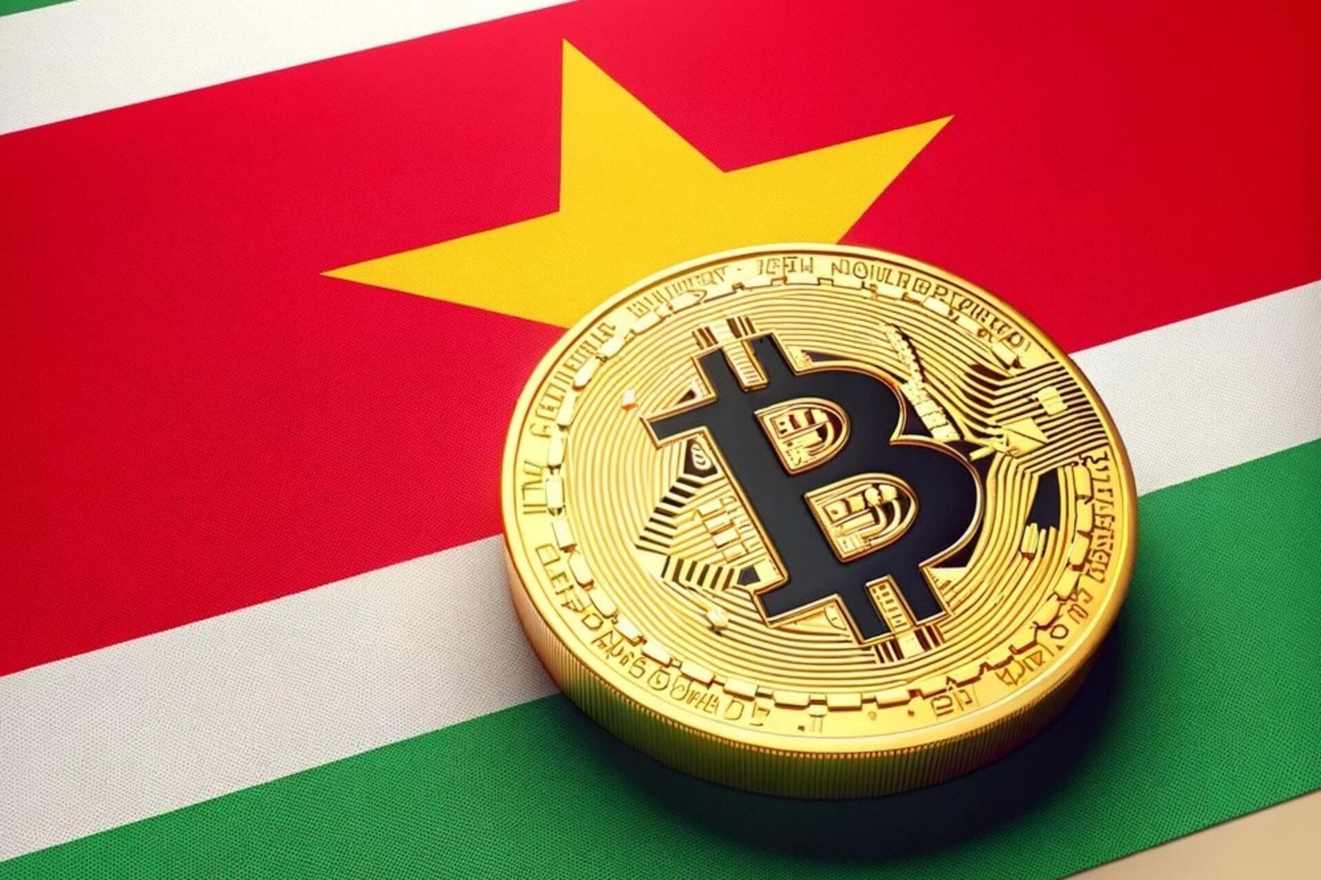 Suriname: un collage di immagini fra il simbolo del Bitcoin e la bandiera del Paese