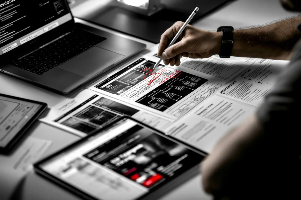 Consultant reviewing website wireframes and SEO structure diagrams during a digital presence audit