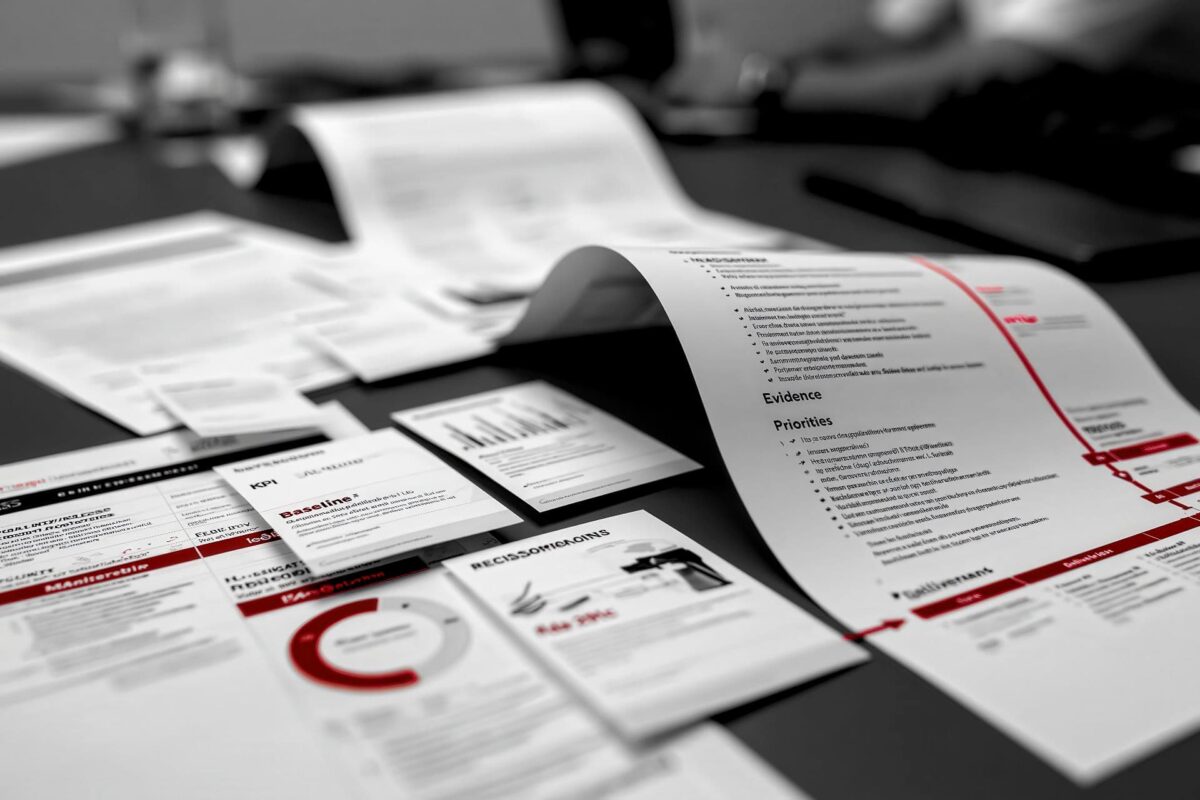 Documenti, roadmap e milestone in bianco e nero con dettaglio rosso, simbolo delle fasi e dei deliverable dell’assessment Innovando.