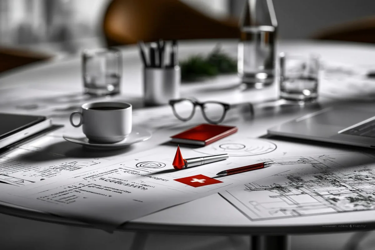 Spazio di lavoro multidisciplinare in bianco e nero con dettaglio rosso, simbolo dell’integrazione tra strategia, tecnologia e comunicazione.