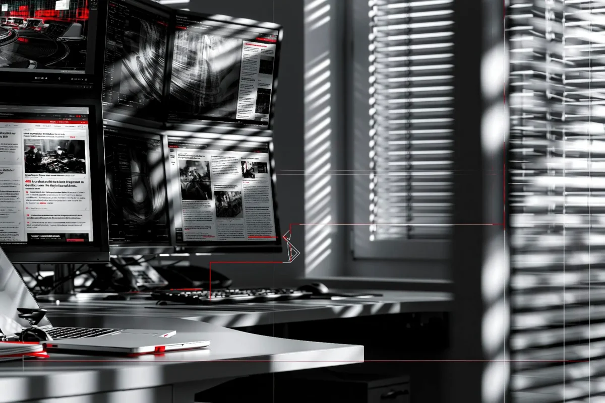 Interno di redazione digitale in bianco e nero con dettagli rossi Innovando e monitor dedicati ai contenuti editoriali.