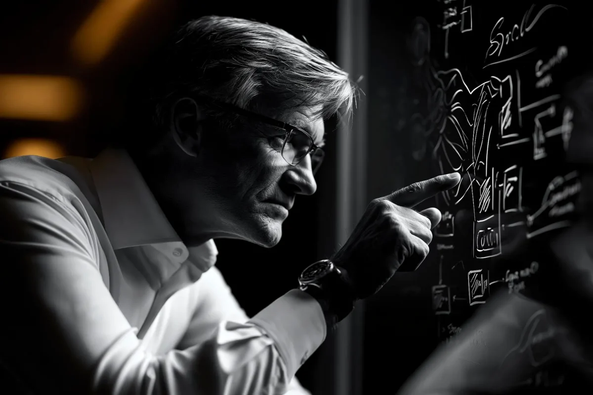 Senior consultant analysing a digital ecosystem map during a corporate strategic assessment