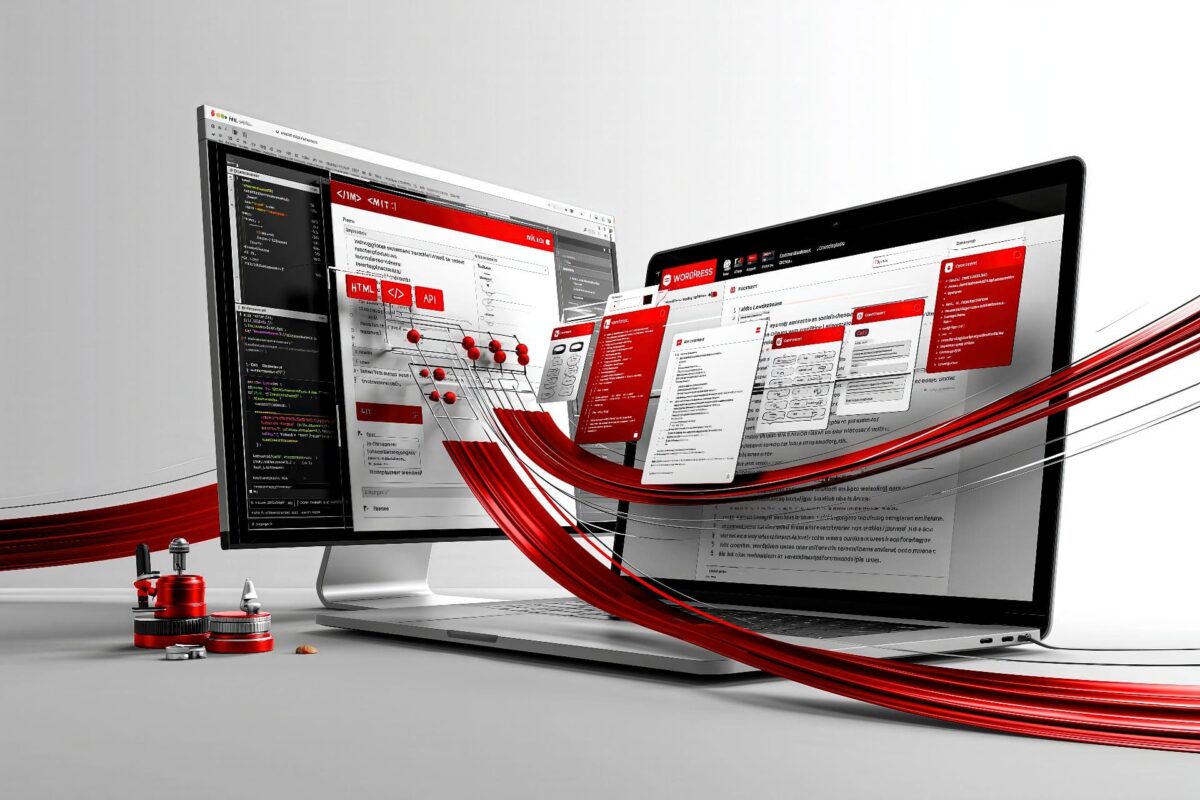 Illustrazione editoriale minimalista di uno stack di sviluppo web pulito, oltre i temi WordPress e il sovraccarico di plugin.