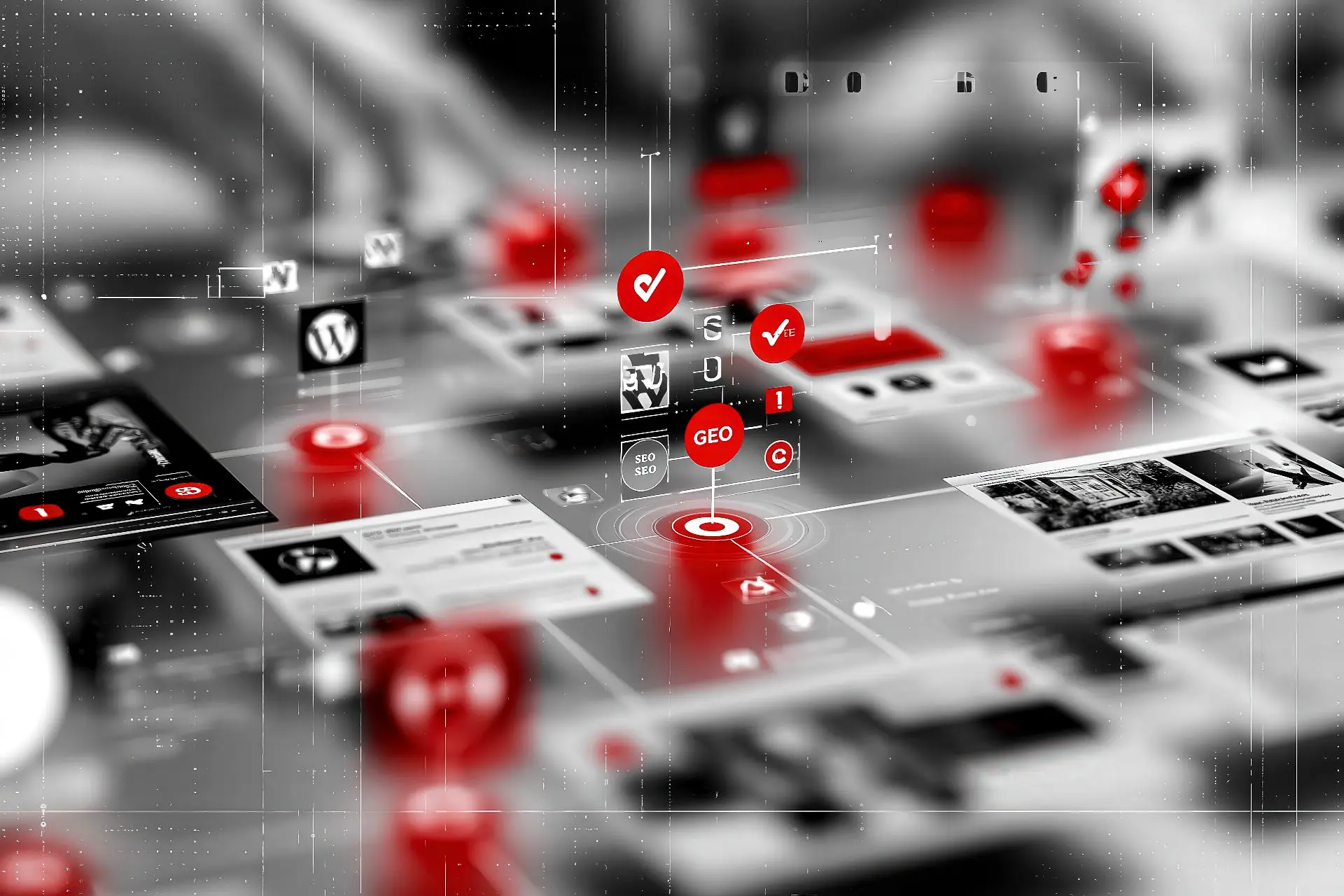 Interfaccia astratta di Innovando Insight con SEO, GEO, metadati, contenuti e dettagli rossi Innovando.